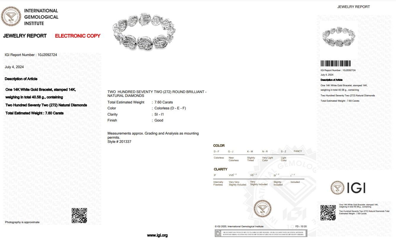 Luminous 7.60ct Diamonds Bracelet in 14k White Gold - IGI Certified For Sale 1