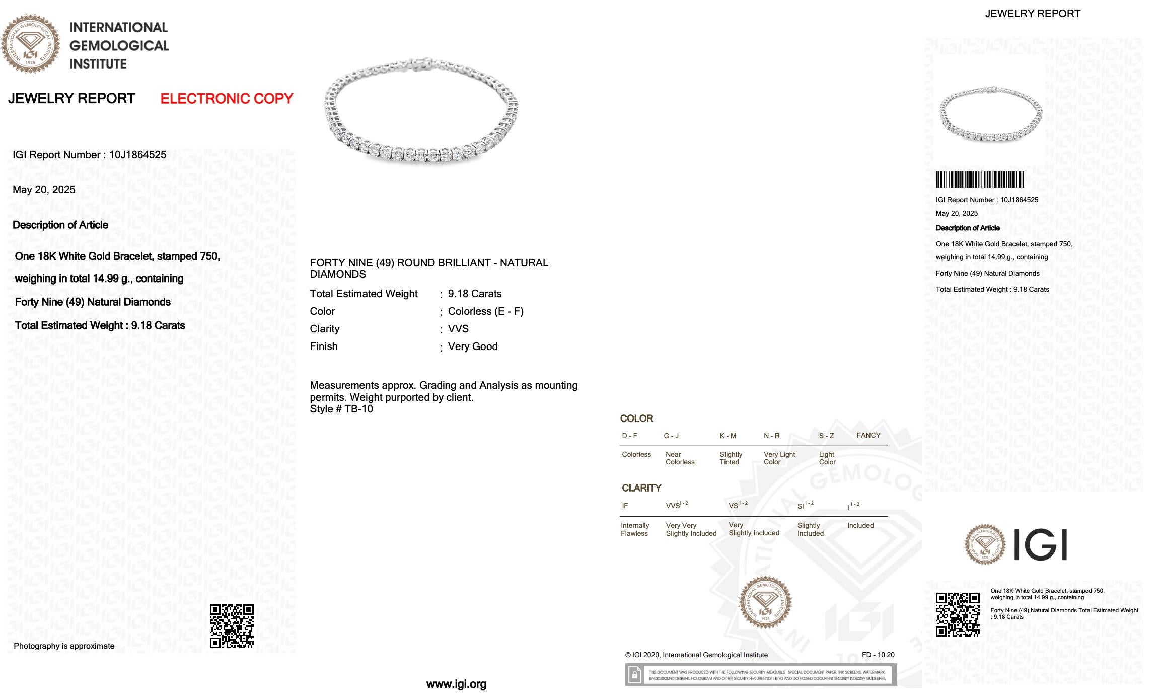 Luminous 9.18ct Diamonds Tennis Bracelet in 18k White Gold - IGI Certified en venta 1
