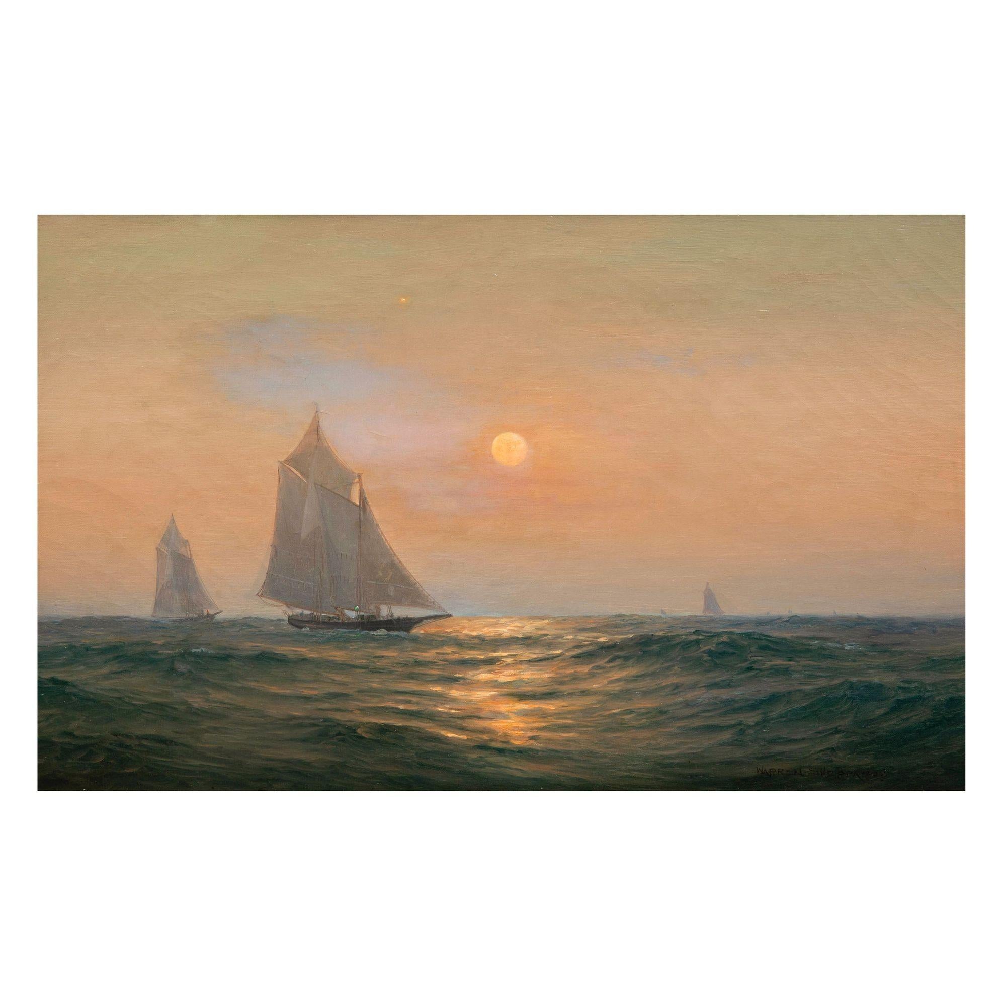 Luminous American Seascape of Sailboats at Sunset by Warren Sheppard In Good Condition In Shippensburg, PA