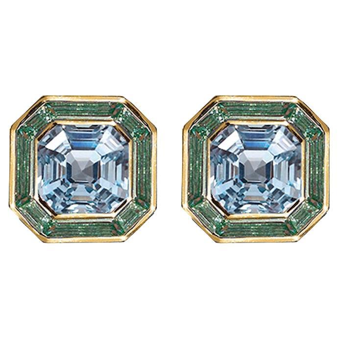 Luminous Asscher Stud Earrings, Blue & Green Sapphire, 10kt, 5.40ct For Sale