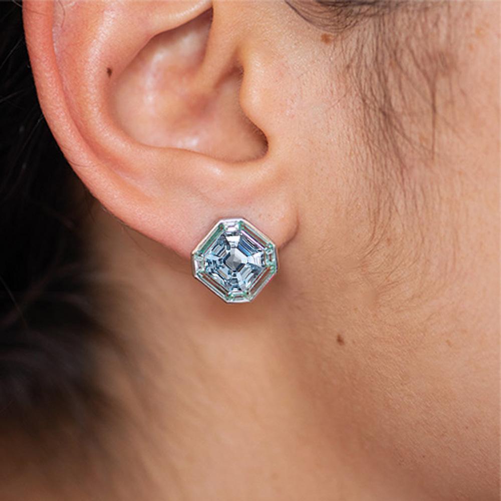 Art Deco Luminous Asscher Stud Earrings, Blue & Green Sapphire, Silver, 5.40ct For Sale