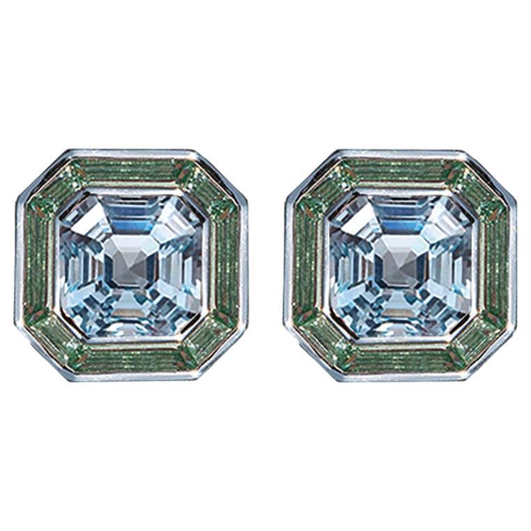 Luminous Asscher Stud Earrings, Blue & Green Sapphire, Silver, 5.40ct For Sale