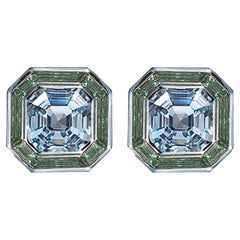 Luminous Asscher Stud Earrings, Blue & Green Sapphire, Silver, 5.40ct