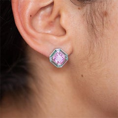 Luminous Asscher Stud Earrings, pink & green, 10kt White Gold