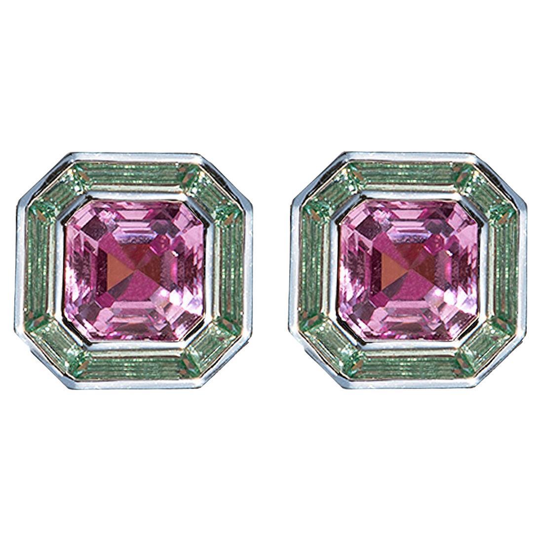 Luminous Asscher Stud Earrings, pink & green, 10kt White Gold For Sale