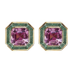 Luminous Asscher Stud Earrings, pink & green, 18kt Yellow Gold