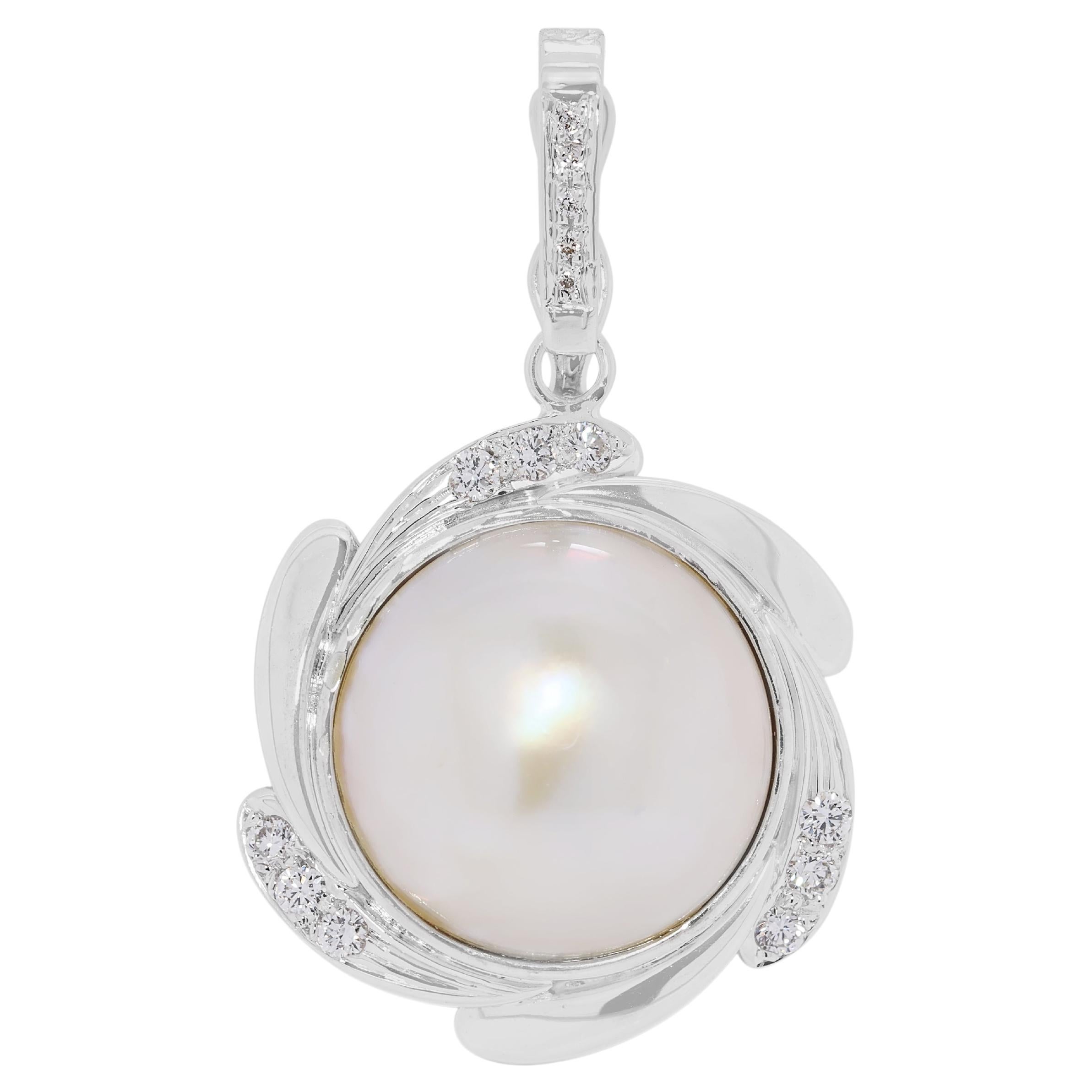 Luminous Champagne Mabe Pearl & 0.28ct Diamond Swirl Pendant in 18K White Gold For Sale