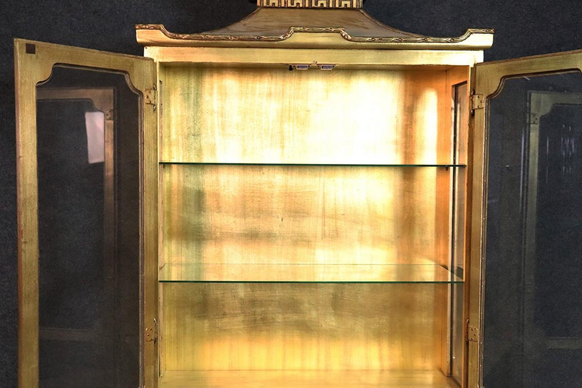 Luminous Chinese Chippendale Gilded Gold Pagoda Top China Cabinet Vitrine 1