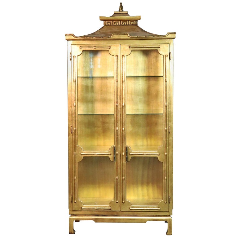 Luminous Chinese Chippendale Gilded Gold Pagoda Top China Cabinet Vitrine  at 1stDibs | gold china cabinet, gold vitrine, luminous hall china