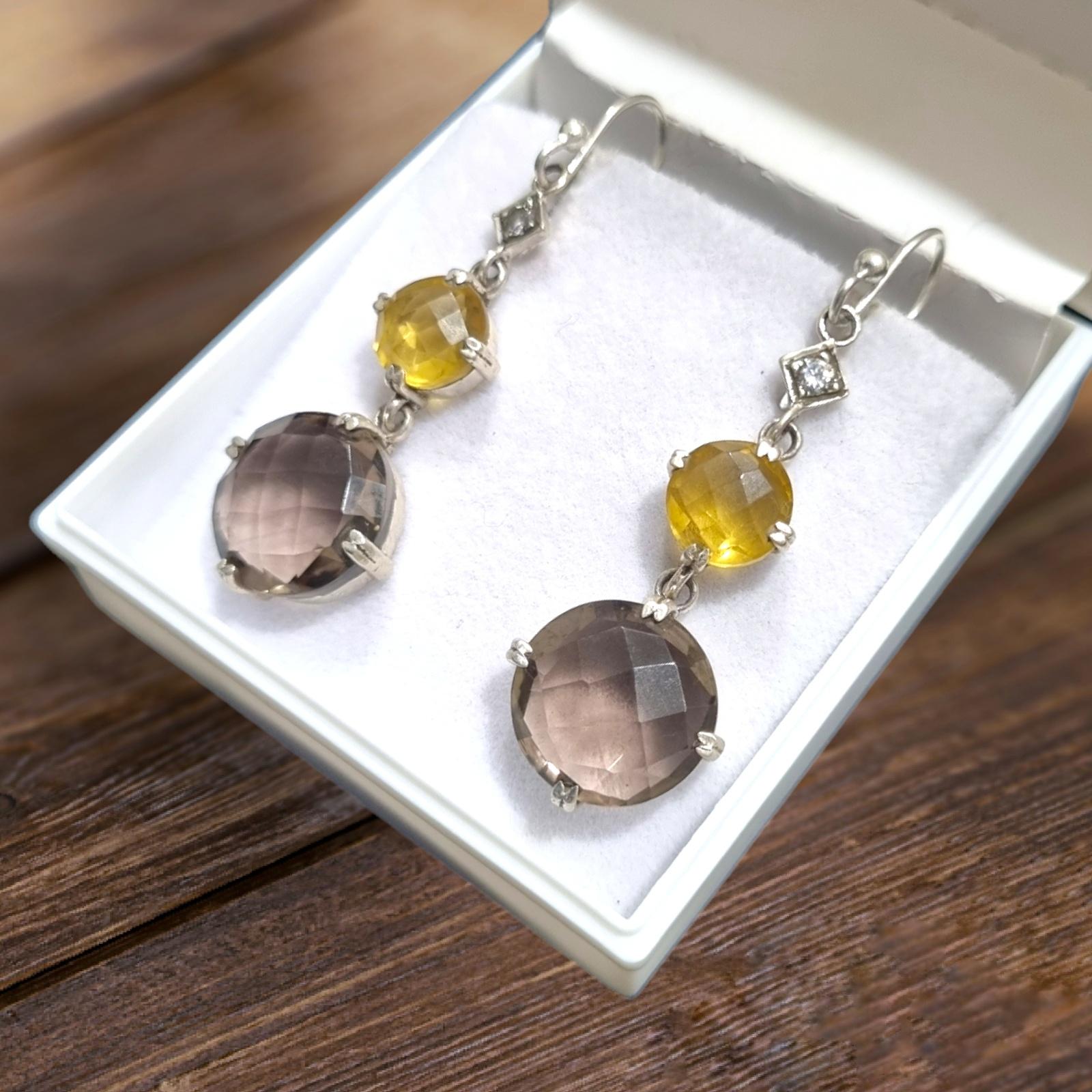 
Description:

Enhance your everyday elegance with these exquisite sterling silver dangle earrings adorned with mesmerizing lemon quartz and smokey quartz gemstones. Handcrafted with precision and passion, these earrings exude sophistication and