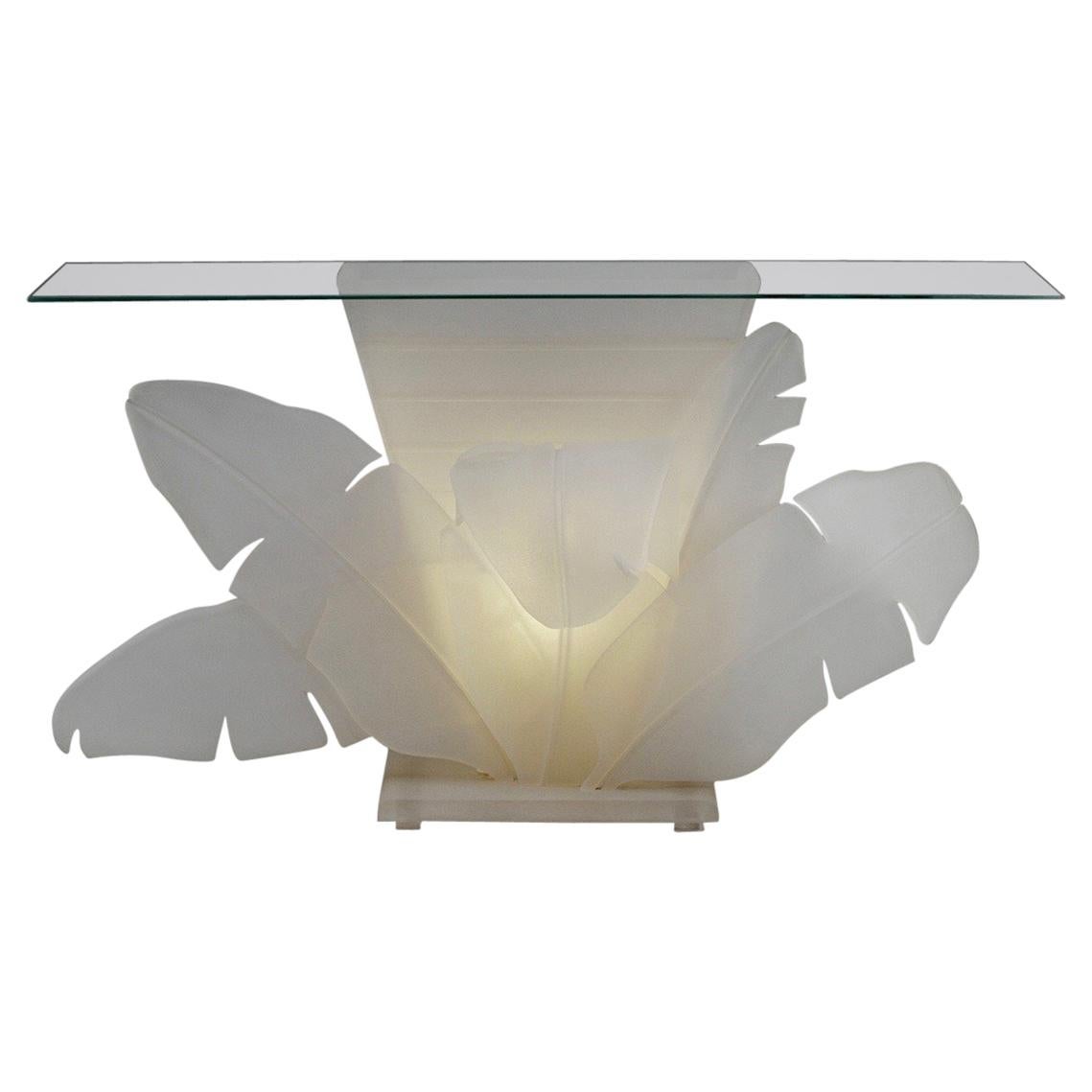 Luminous Electrified Frosted Lucite Palm Motife Console Table