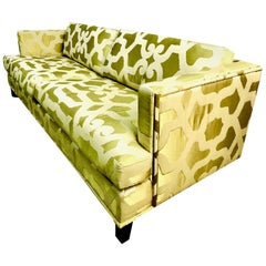 French Chartreuse Silk Quatrefoil 3-Seat Sofa Kravet Couture, Yellow Green Couch
