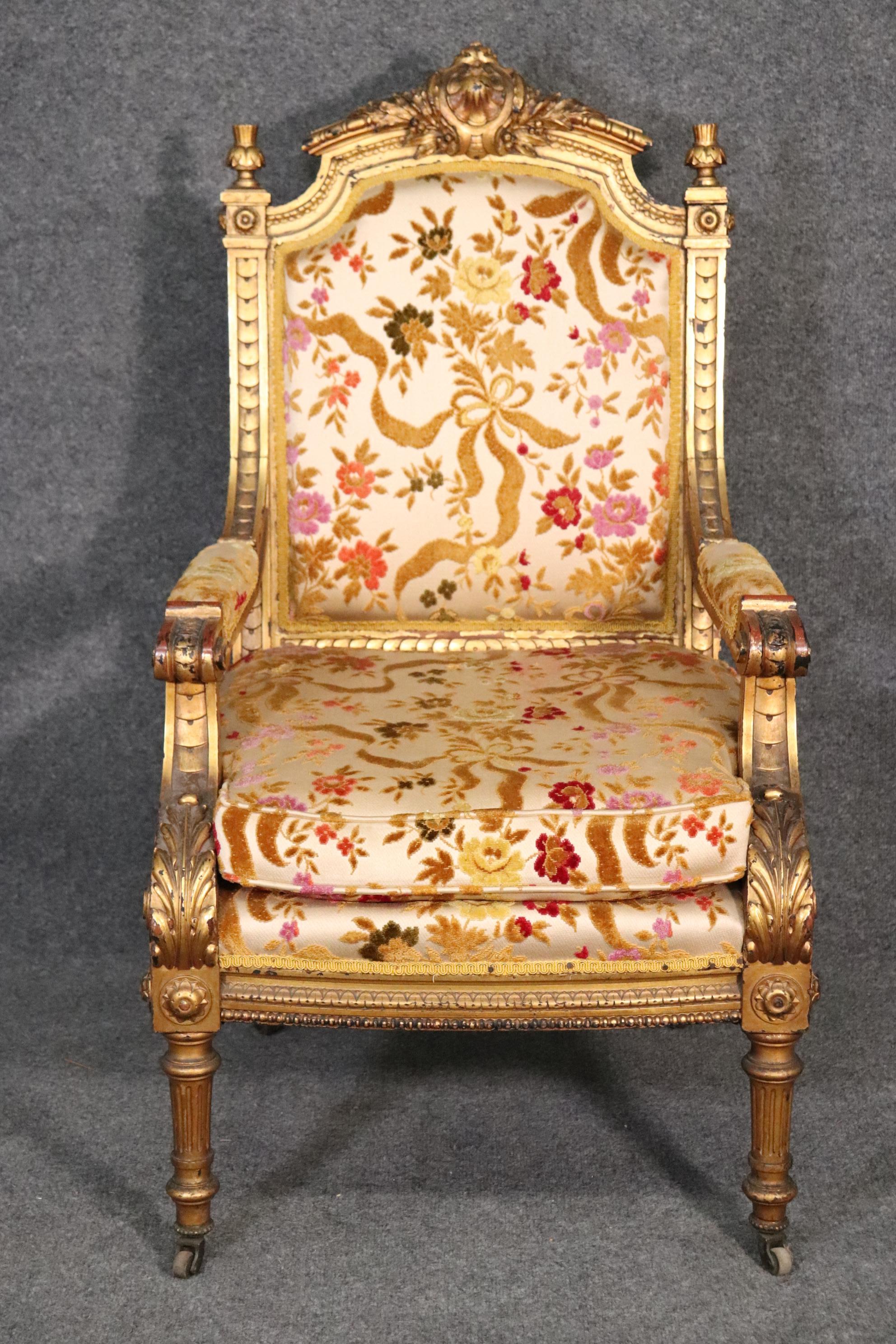 Luminous Gilded French Louis XVI Regal Looking Armchair Fauteuil In Good Condition For Sale In Swedesboro, NJ