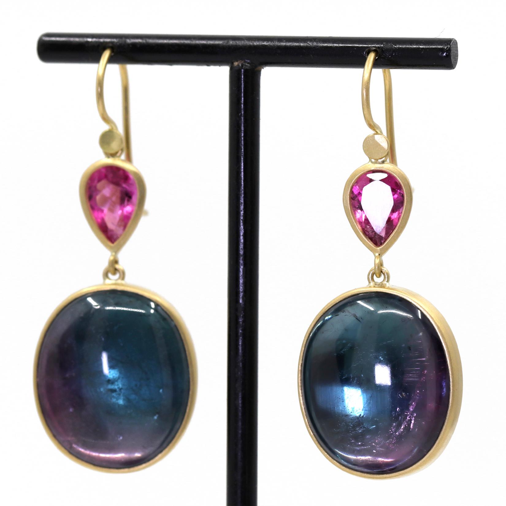 Artist Luminous Indicolite Blue Pink Bi-Color Tourmaline Earrings, Lola Brooks 2023 For Sale