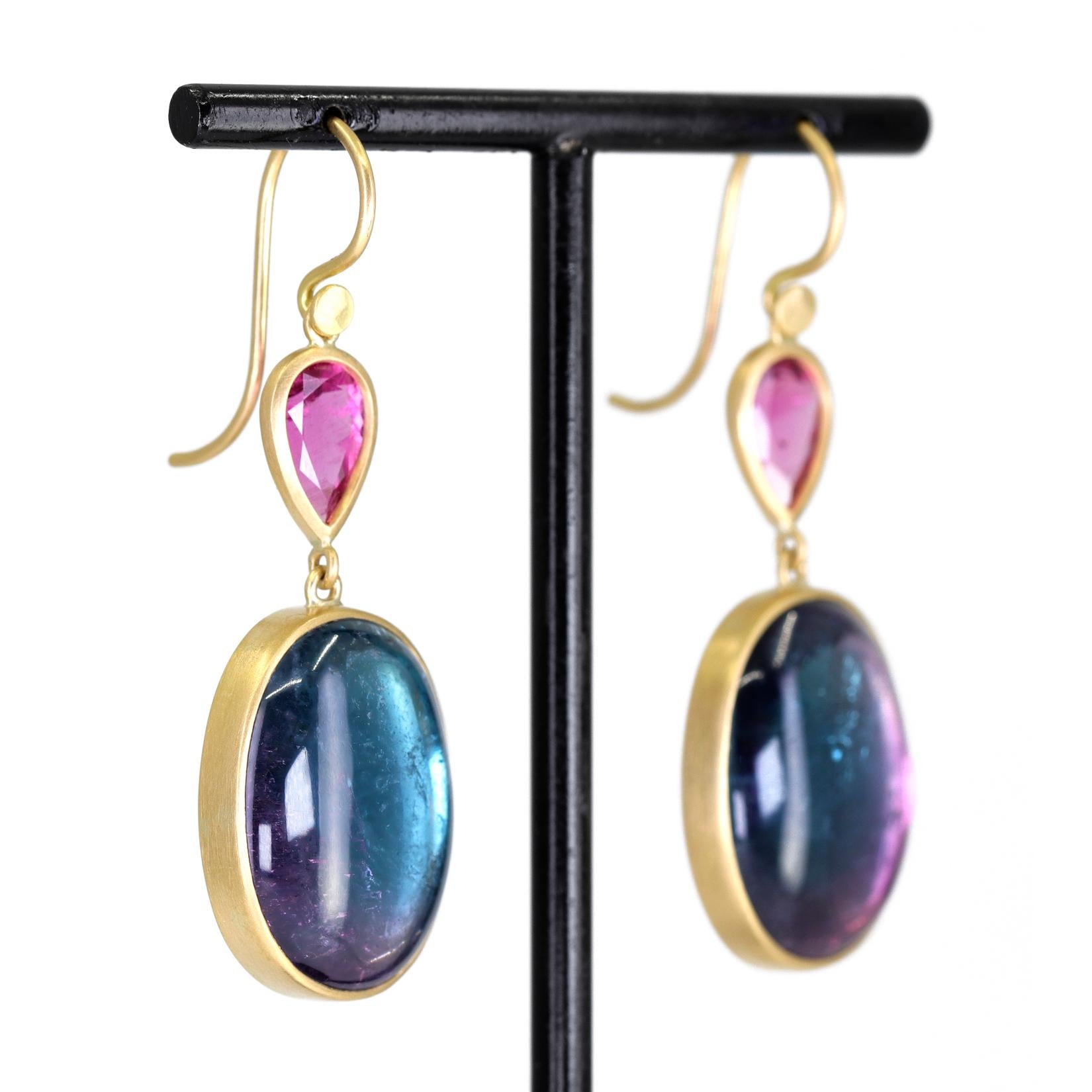 Cabochon Luminous Indicolite Blue Pink Bi-Color Tourmaline Earrings, Lola Brooks 2023 For Sale