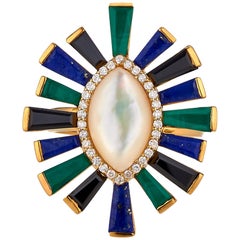 Luminous Large Ring in Lapis, Malachite, Mother-of-Pearl, Onyx and Diamonds