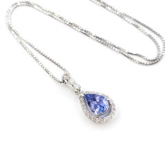 Luminous Pear Shaped Tanzanite & Diamond Pendant with Chain in 14k White Gold