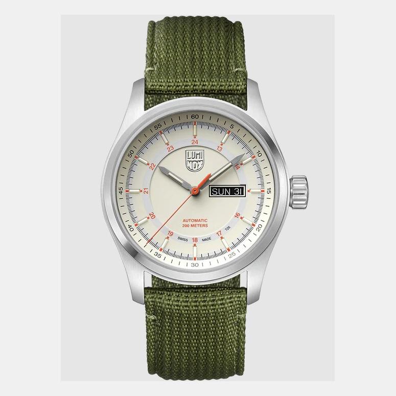Unworn Luminox Atacama Field 44mm Men's Watch XL.1907.NF.  This Timepiece is Powered by Mechanical (Automatic) Movement and Features: Stainless steel Case with Green Nylon Strap, Fixed Stainless Steel Bezel. Off-White Dial with Luminous Silver-tone