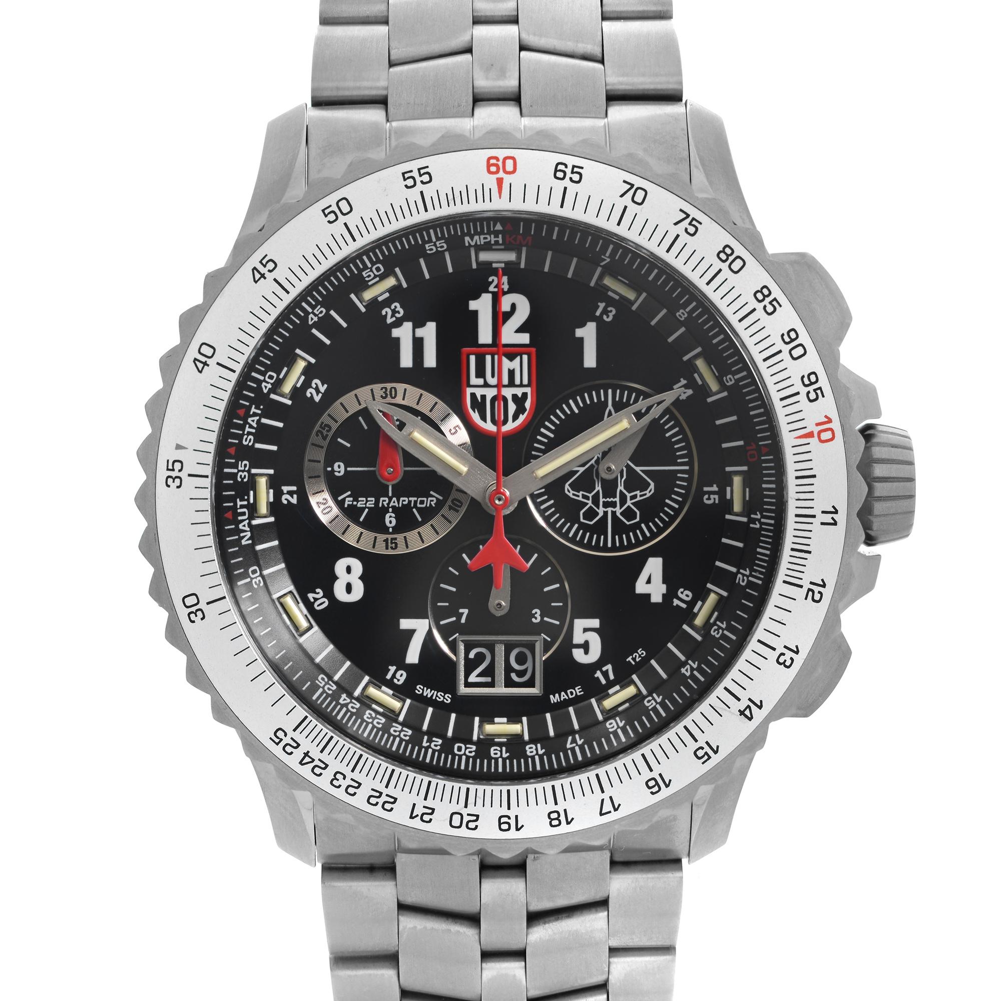 Unworn Luminox F-22 Raptor Men's Watch 9241.M. This Timepiece is powered by Quartz (battery) movement with features: Titanium case and bracelet. Bi-directional rotating bezel with Tachymeter markings. Black Dial with Silver-tone luminous hands and