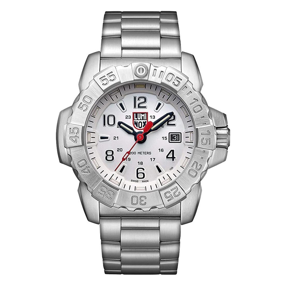 Display Model Luminox Navy Seal 3250 Series Men's Watch XS.3258.L. This beautiful Timepiece is Powered by a Quartz (Battery) Movement and Features: Stainless Steel Case and Bracelet, Uni-directional rotating Stainless Steel Bezel with minute