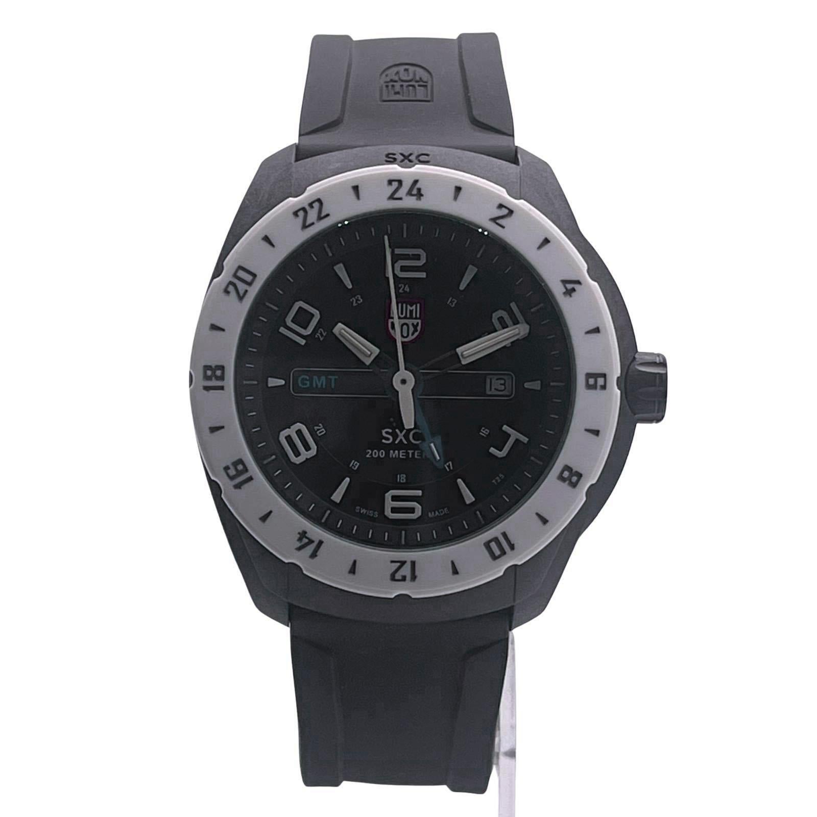 Display Model Luminox SXC Space PC GMT Men's Watch XU.5027. The Watch has a Tiny marks on the Bezel due to Storing. This Timepiece is powered by Quartz (battery) movement with features: Carbon case with Silicone strap and Stainless Steel Buckle