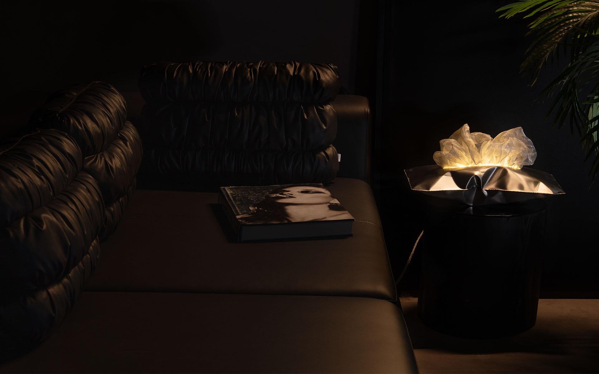 Acciaio inossidabile Lampada da tavolo Lumo a cuscino in acciaio inossidabile con LED e scultura a filo ispirata alle piume in vendita