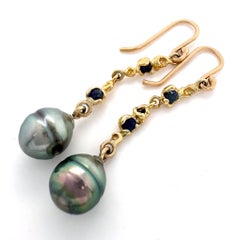"Lumpy Links" 14K Gold Dangle Earrings with Sapphires & Baroque Tahitian Pearls