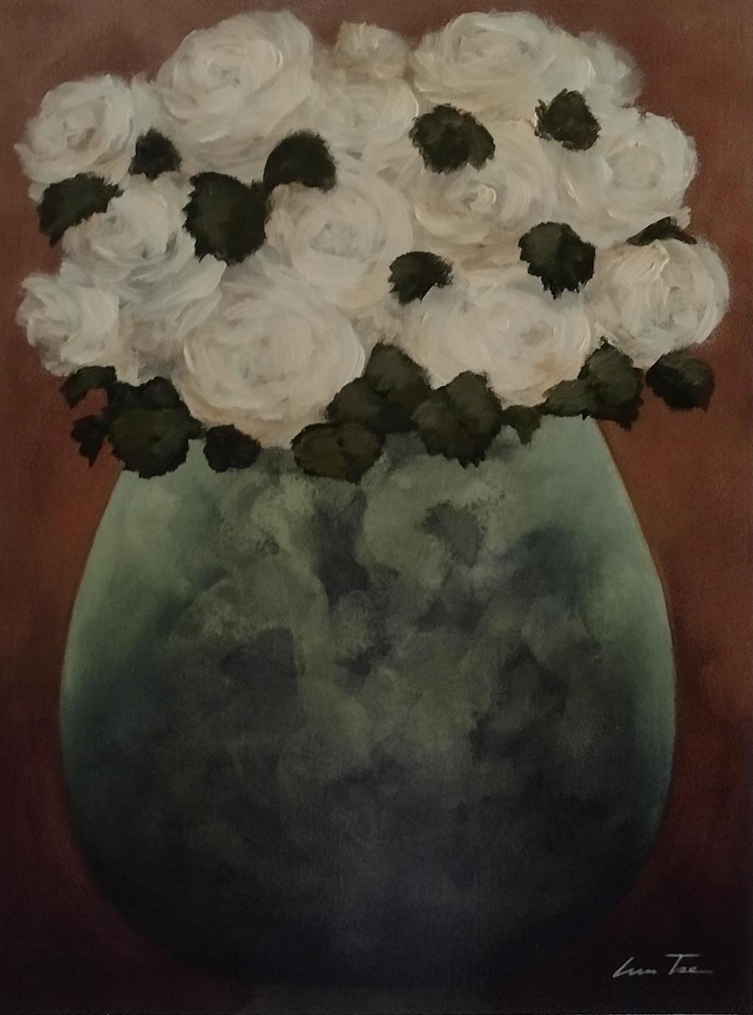 Lun Tse  Still-Life Painting - Estate Bouquet I - Contemporary -dark green vase of large light ivory roses