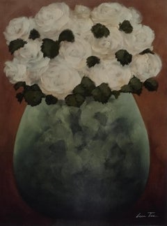 Ramo de flores I - Contemporáneo - jarrón verde oscuro de grandes rosas marfil claro