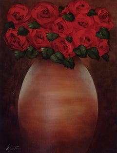 Estate Bouquet II - Contemporary bronze vase of bold red roses