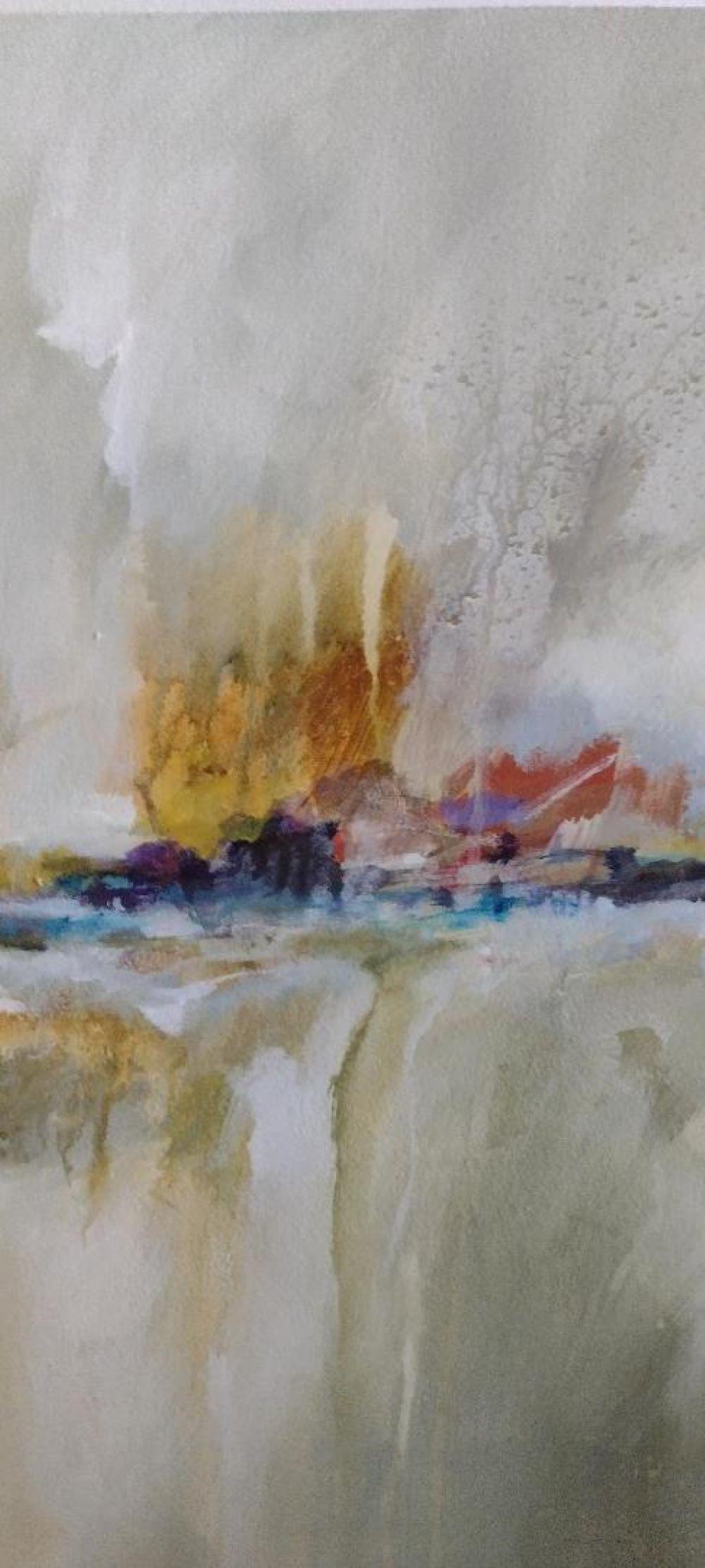 Flow - Original abstract, rich colors on soft off-white and gray background - Painting by Lun Tse 