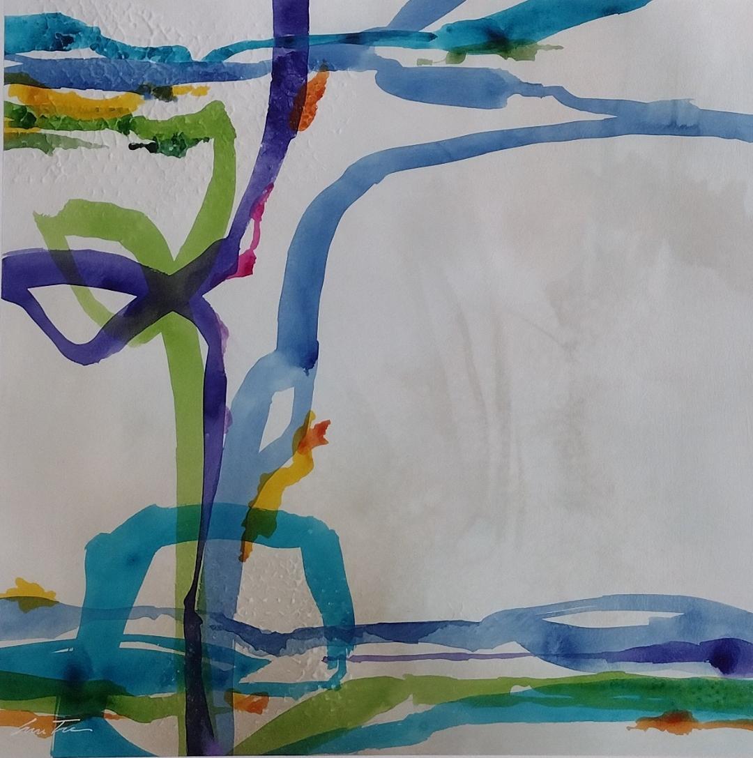 Lun Tse  Abstract Painting - Streaming I - Original abstract spontaneous intertwining blue and green ribbons