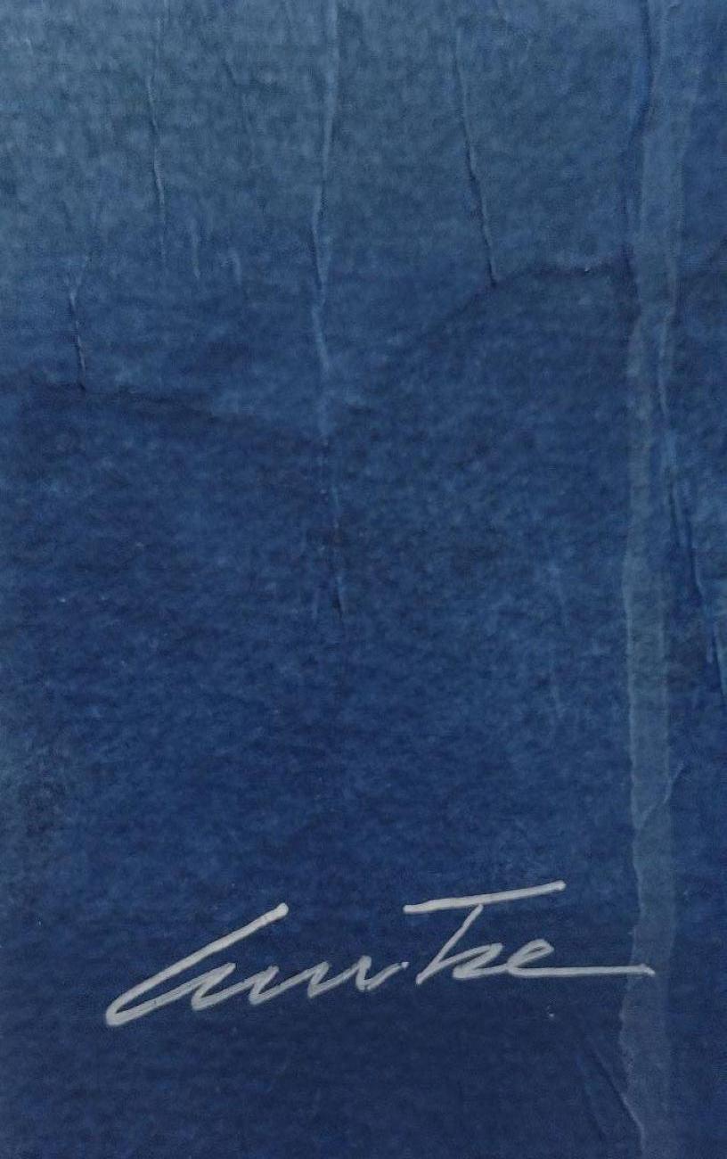Dévoilement I - voile bleu foncé abstrait et riche avec une touche de rouge - Expressionnisme abstrait Painting par Lun Tse 
