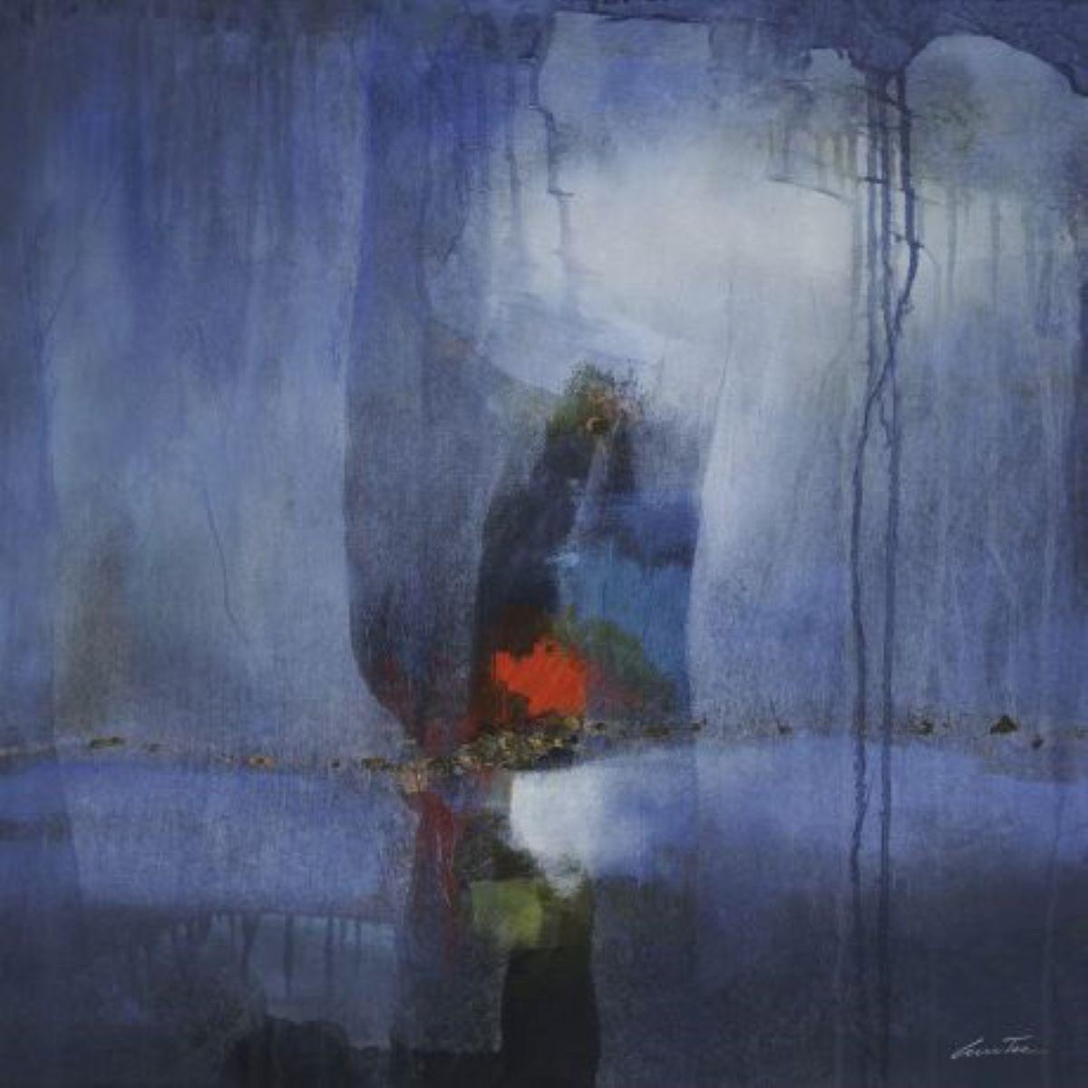 Abstract Painting Lun Tse  - Dévoilement I - voile bleu foncé abstrait et riche avec une touche de rouge