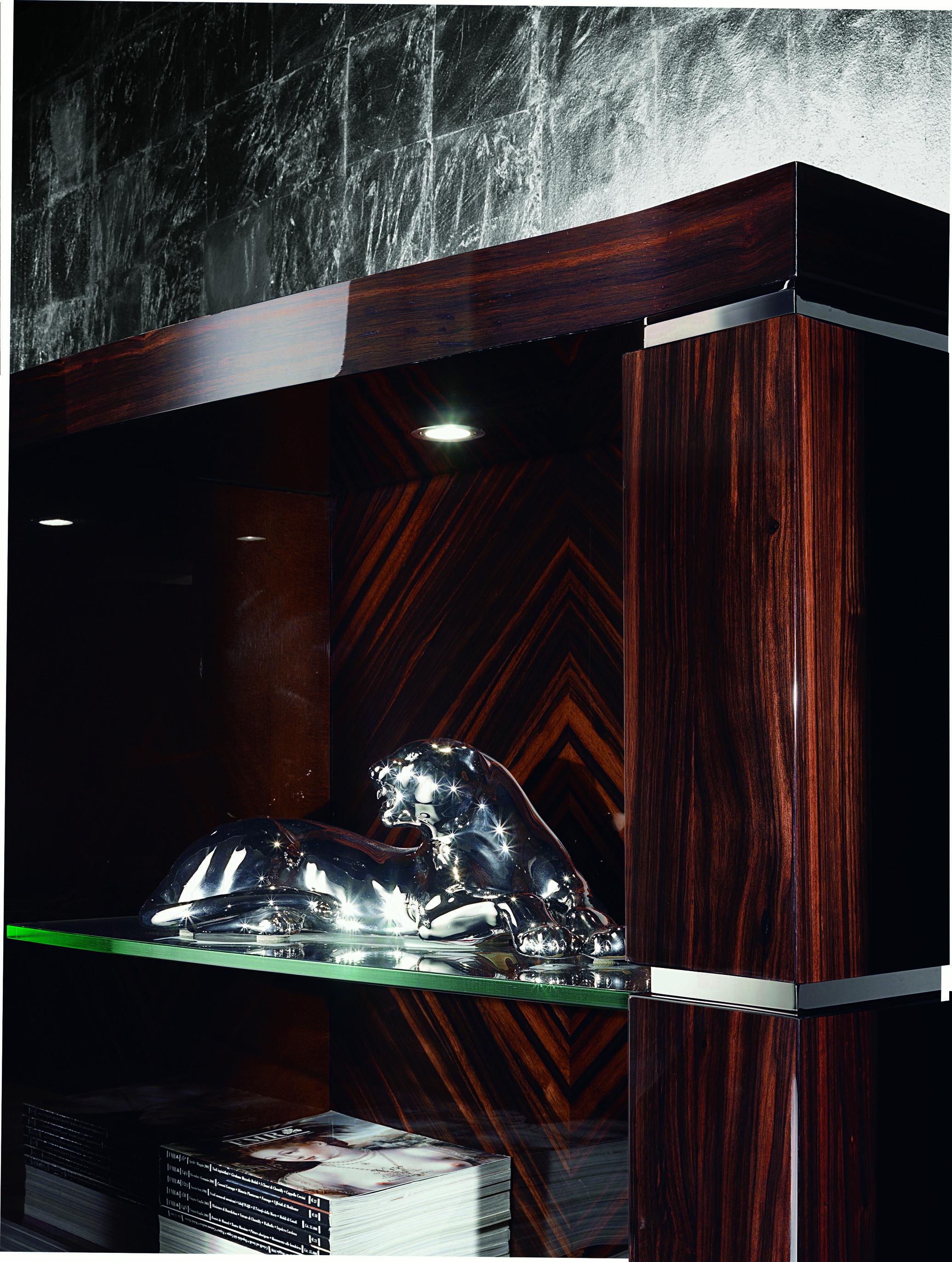 Bookcase in Ebony Makassar in high gloss polyester with n.6 glass
shelves of 15mm. Center panel in caramel British sycamore and back
panel in sunburst Ebony Makassar in high gloss polyester.
n. 2 halogen lights with switch with base in brushed