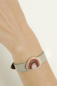 LUNA Bracelet, Pink Agate with 0.30ct Diamonds, 18k Rose Gold, 3 Leather Straps