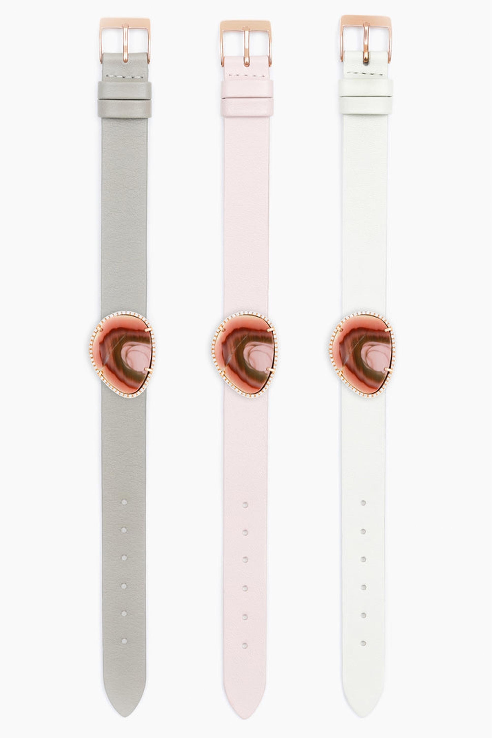 LUNA-Armband, rosa Achat mit 0,30 Karat Diamanten, 18 Karat Roségold, 3 Lederriemen (Cabochon) im Angebot