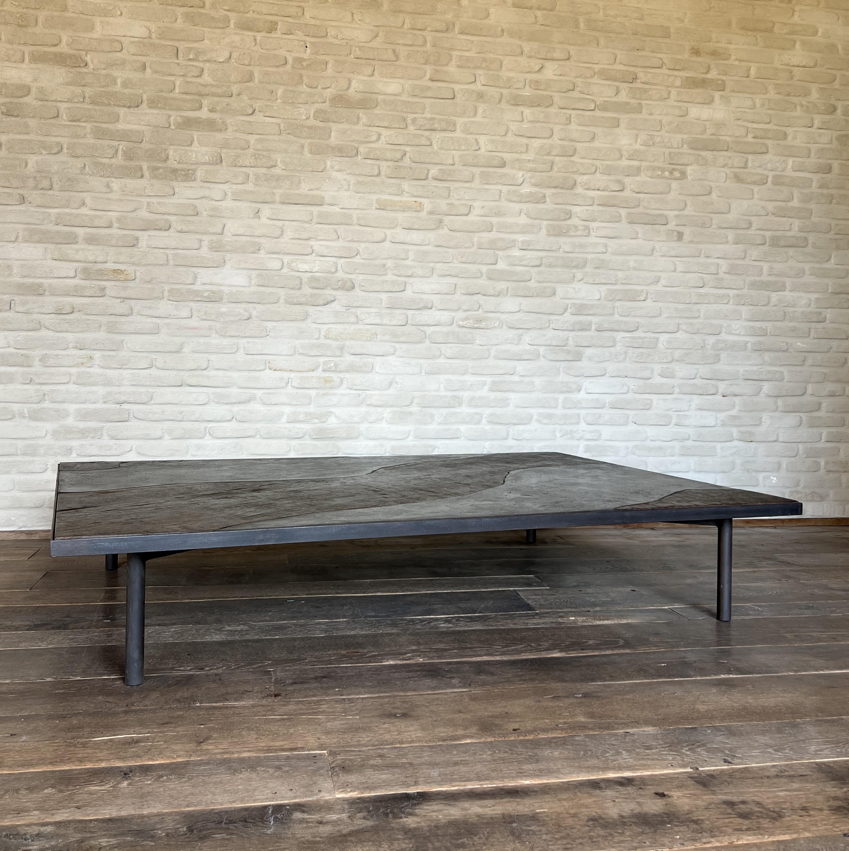 Belgian Luna Coffeetable with Reclaimed Walnut and Marbleplaster For Sale