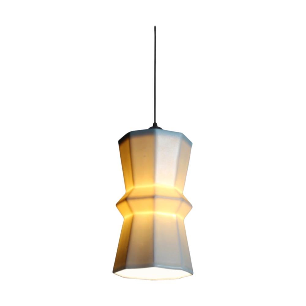9 inch hanging pendant light from the tessellation collection, this hanging pendant emits a soft, elegant glow through a translucent geometric porcelain shade, shining direct downward light through the open base. Its clean, focused design will level