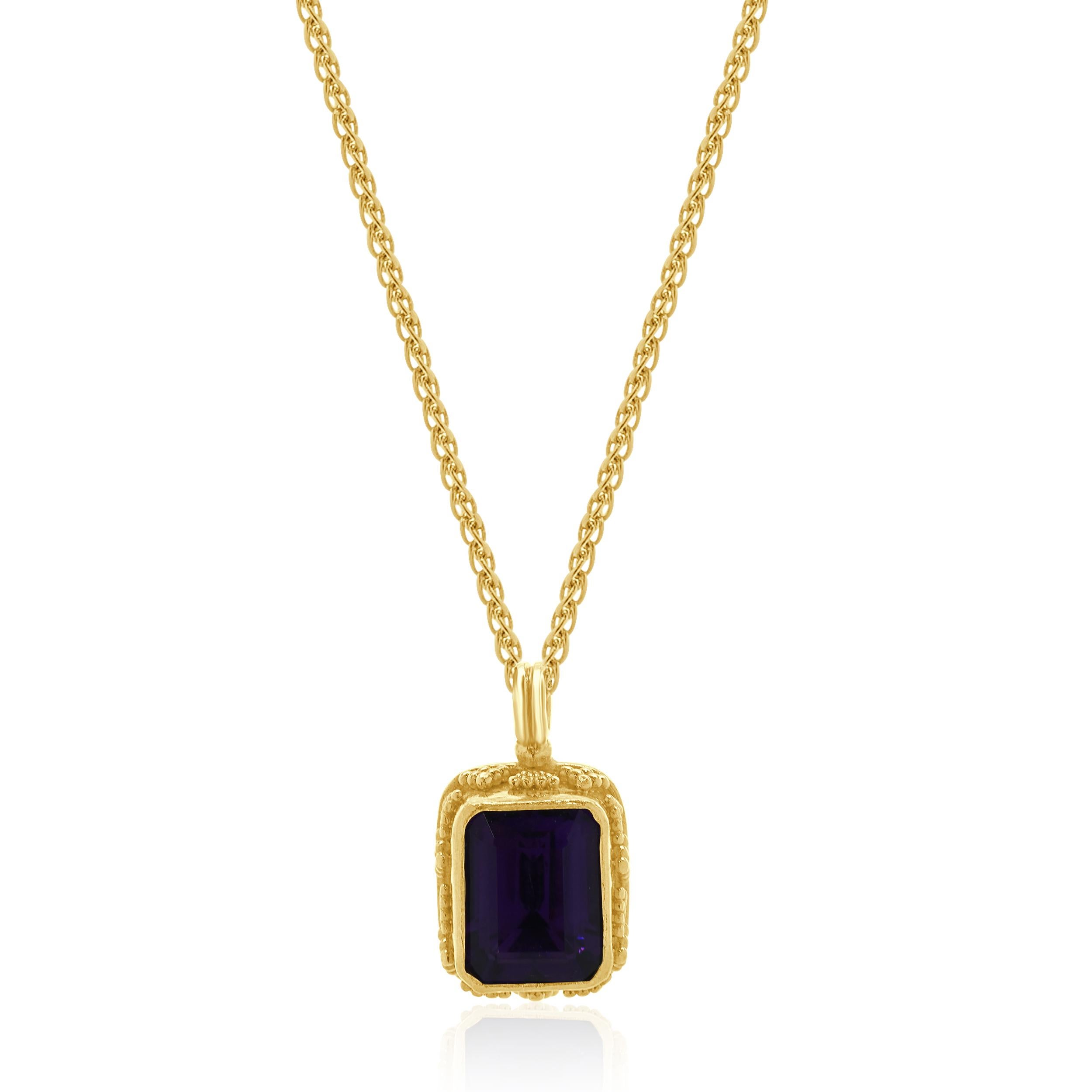 Designer: Luna Felix
Material: 22/14K yellow gold
Amethyst: 1 emerald cut = 2.25ct
Dimensions: necklace measures 18-inches in length
Weight: 6.78 grams
