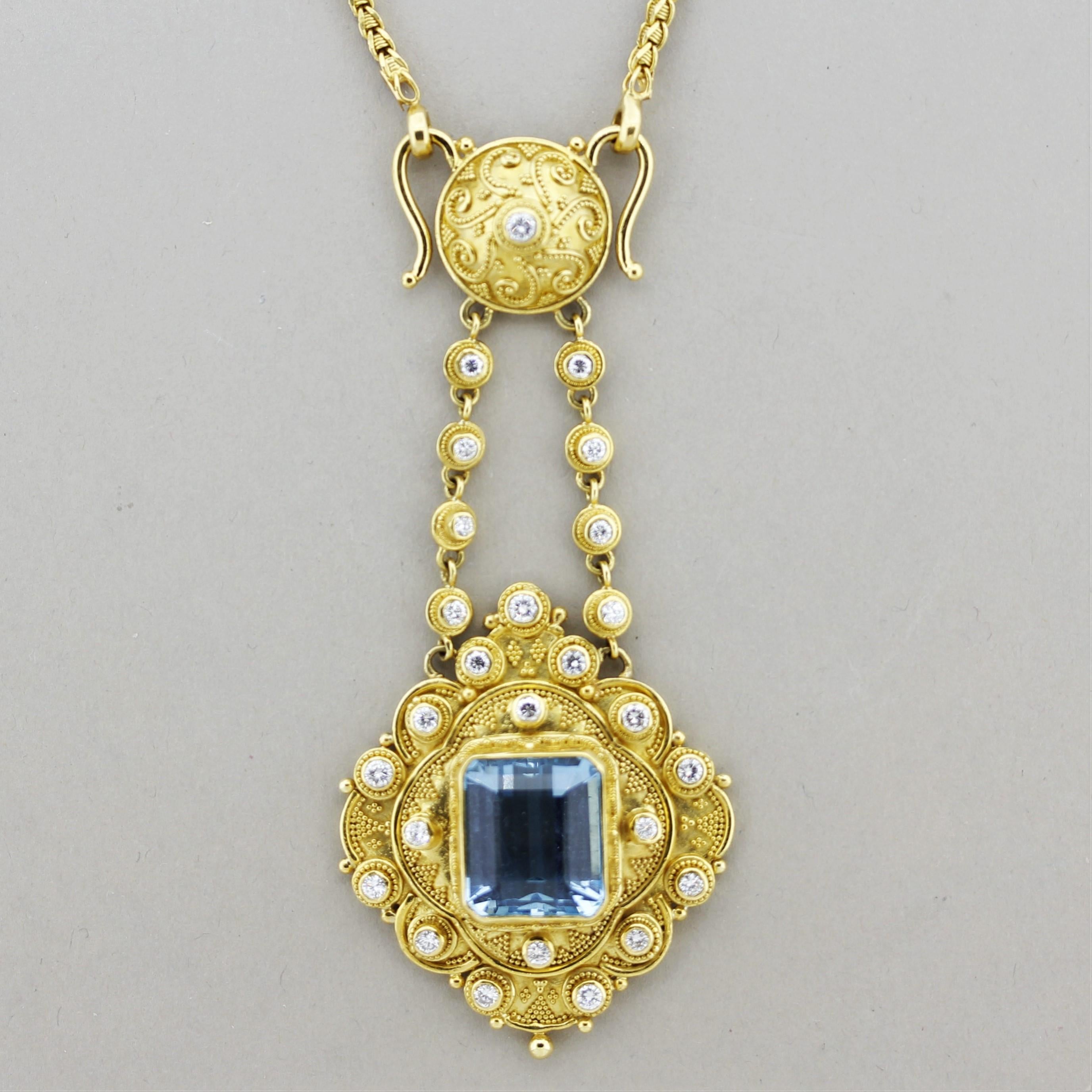 An original pendant by Luna Felix, known for ancient styled and made jewelry since 1969. This lovely piece features a large rectangular aquamarine weighing 15 carats which has an ideal sea-blue color. It is complemented by 2 carats of round