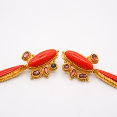 Luna Felix Dangle Drop Earrings In 22Kt Gold With 32 Ctw In Coral And Tourmaline