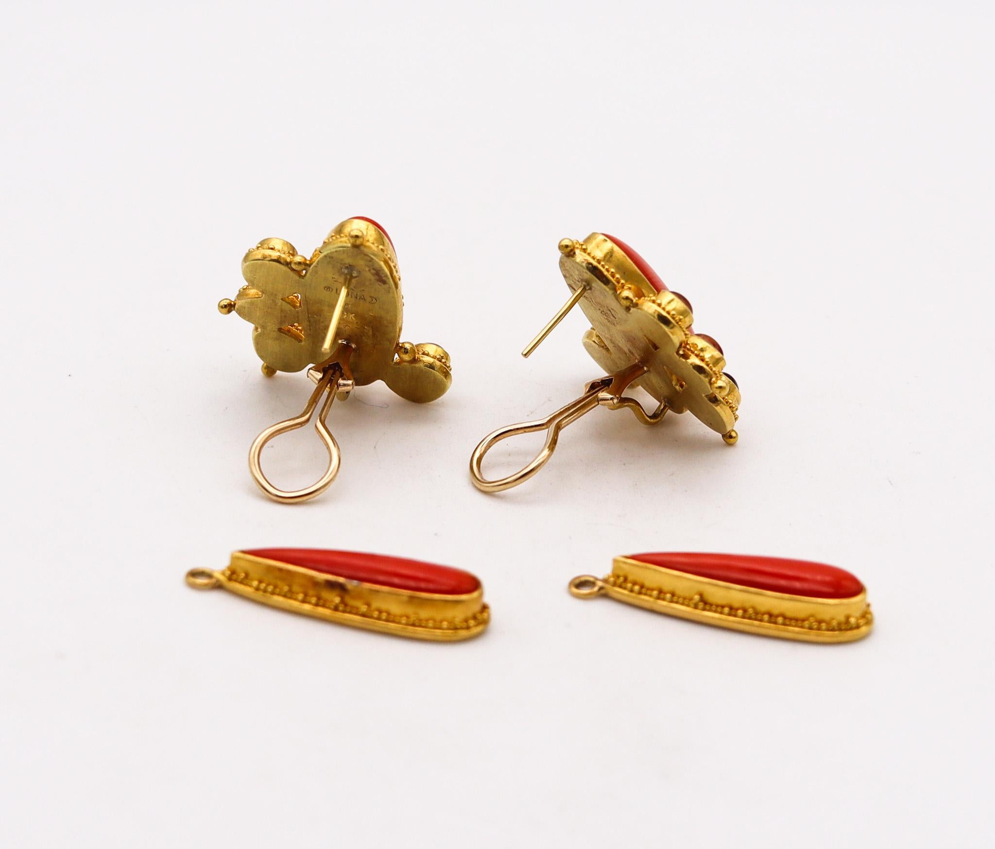 Cabochon Luna Felix Dangle Drop Earrings In 22Kt Gold With 32 Ctw In Coral And Tourmaline For Sale