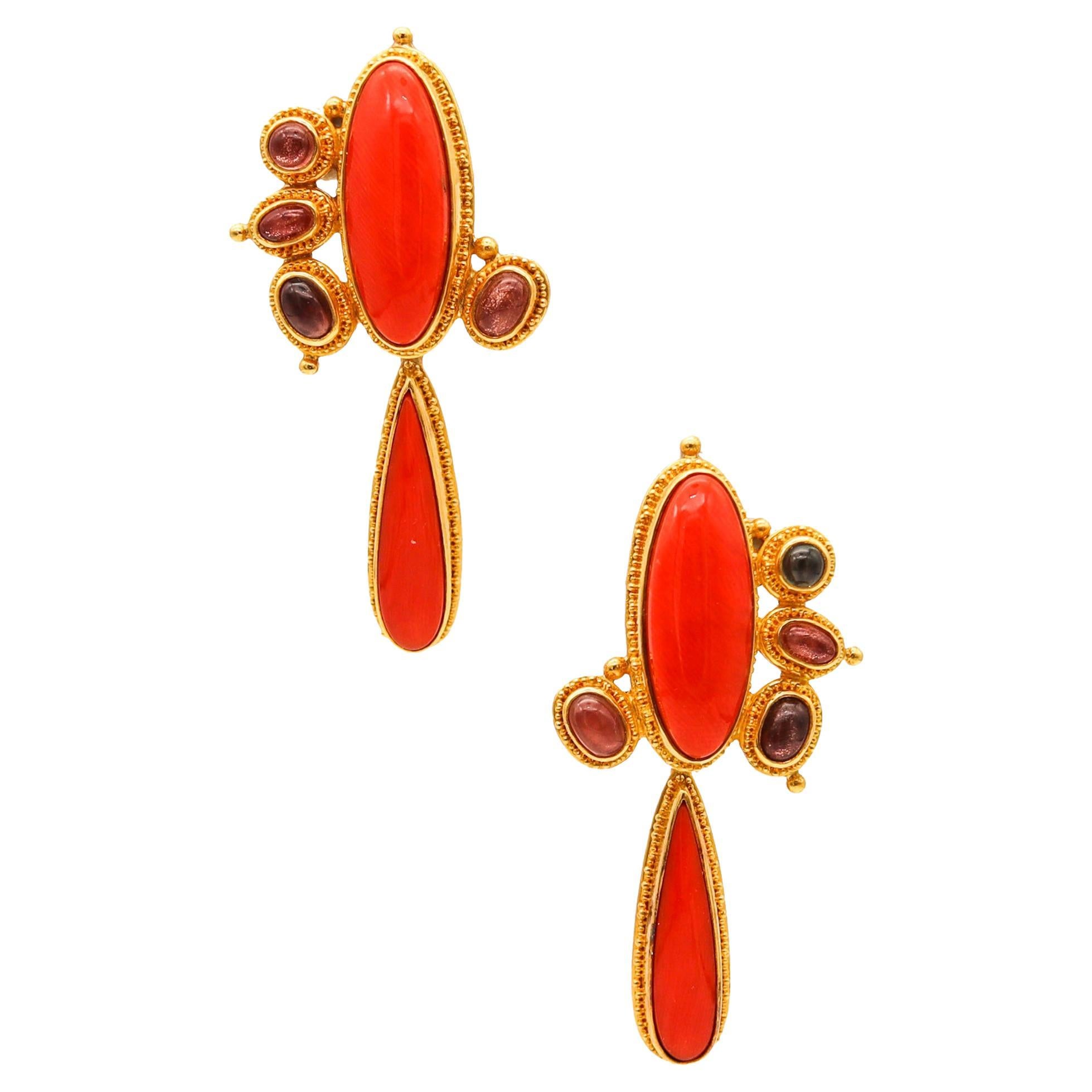 Luna Felix Dangle Drop Earrings In 22Kt Gold With 32 Ctw In Coral And Tourmaline For Sale