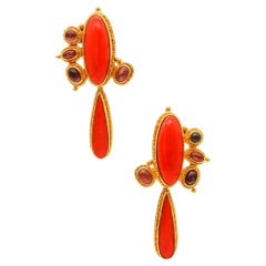 Luna Felix Dangle Drop Earrings In 22Kt Gold With 32 Ctw In Coral And Tourmaline