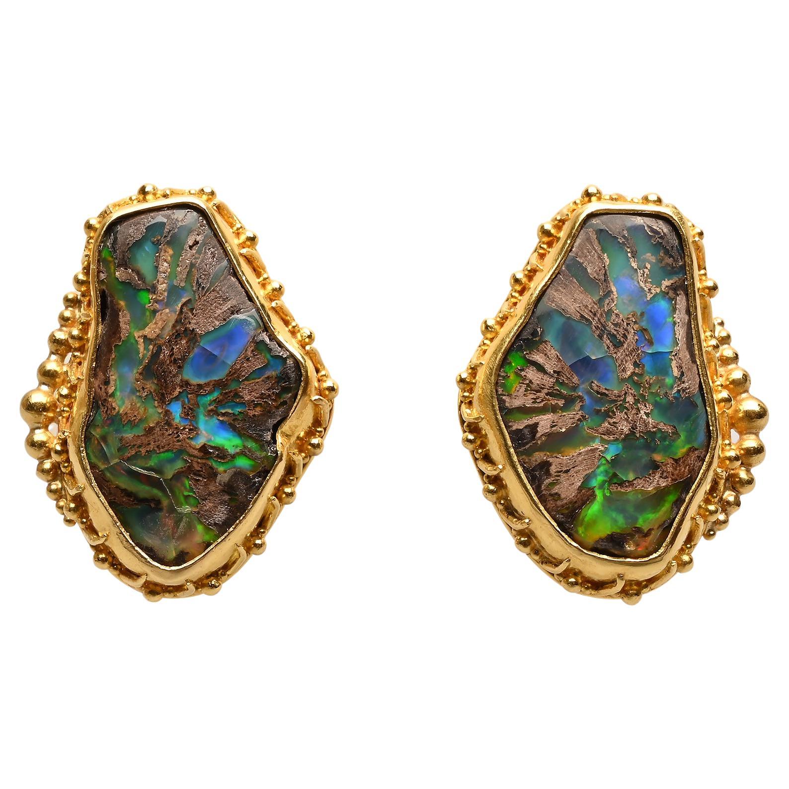 Luna Felix Gold and Conk Wood Opal Earrings For Sale