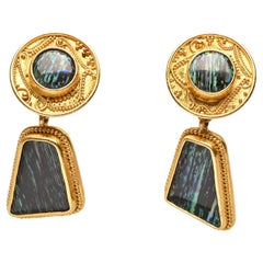 Vintage Luna Felix Gold and Conl Wood Opal Drope Earrings