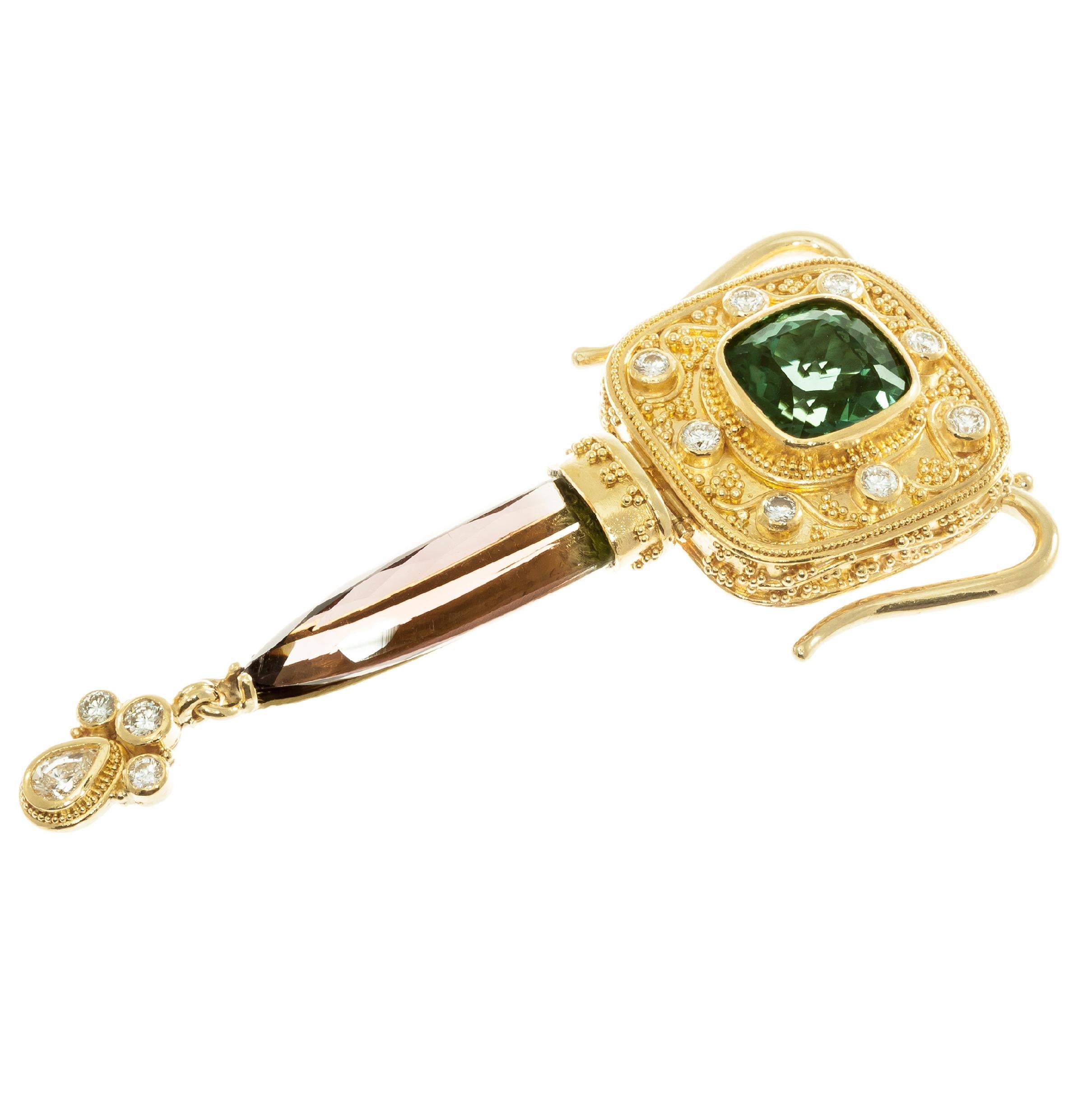 Luna Felix Granulated Green Pink Tourmaline Diamond Gold Pendant Necklace In Excellent Condition In Stamford, CT