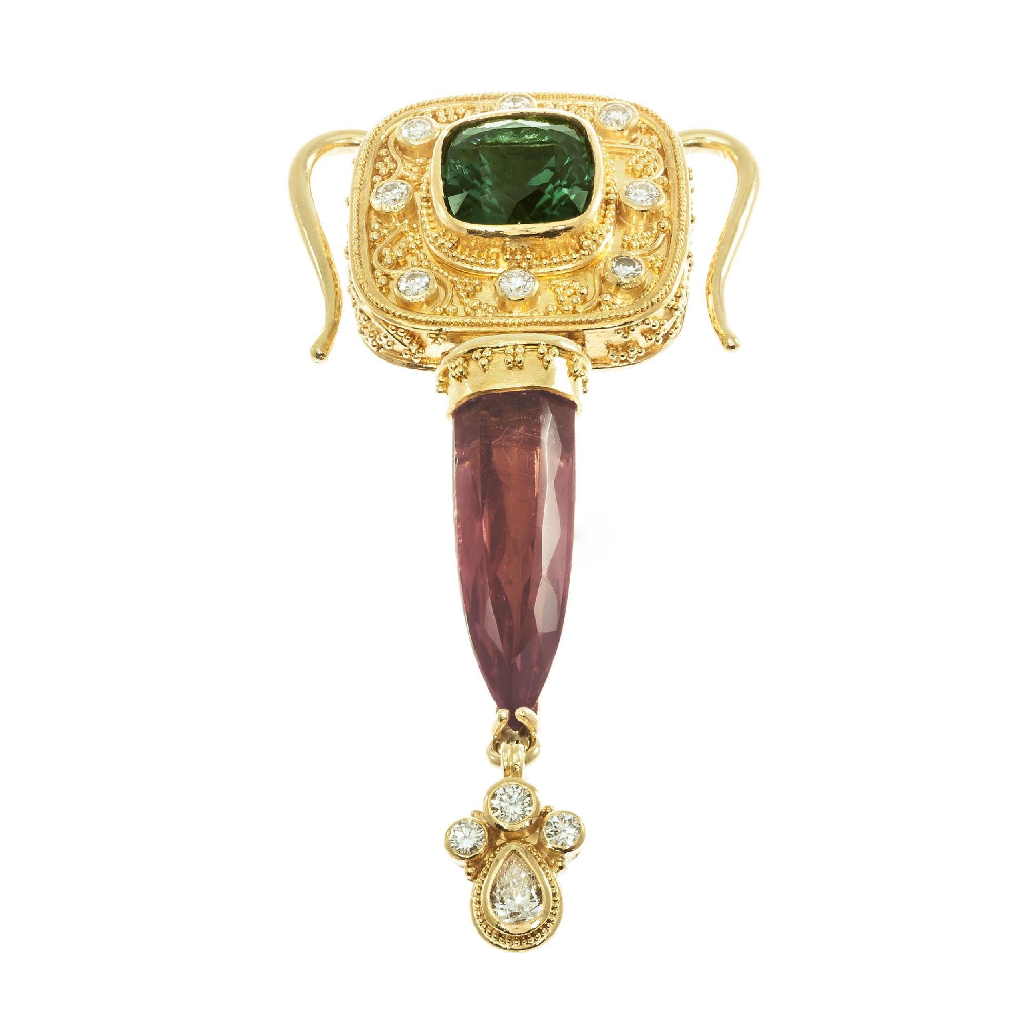 Luna Felix Granulated Green Pink Tourmaline Diamond Gold Pendant Necklace 1