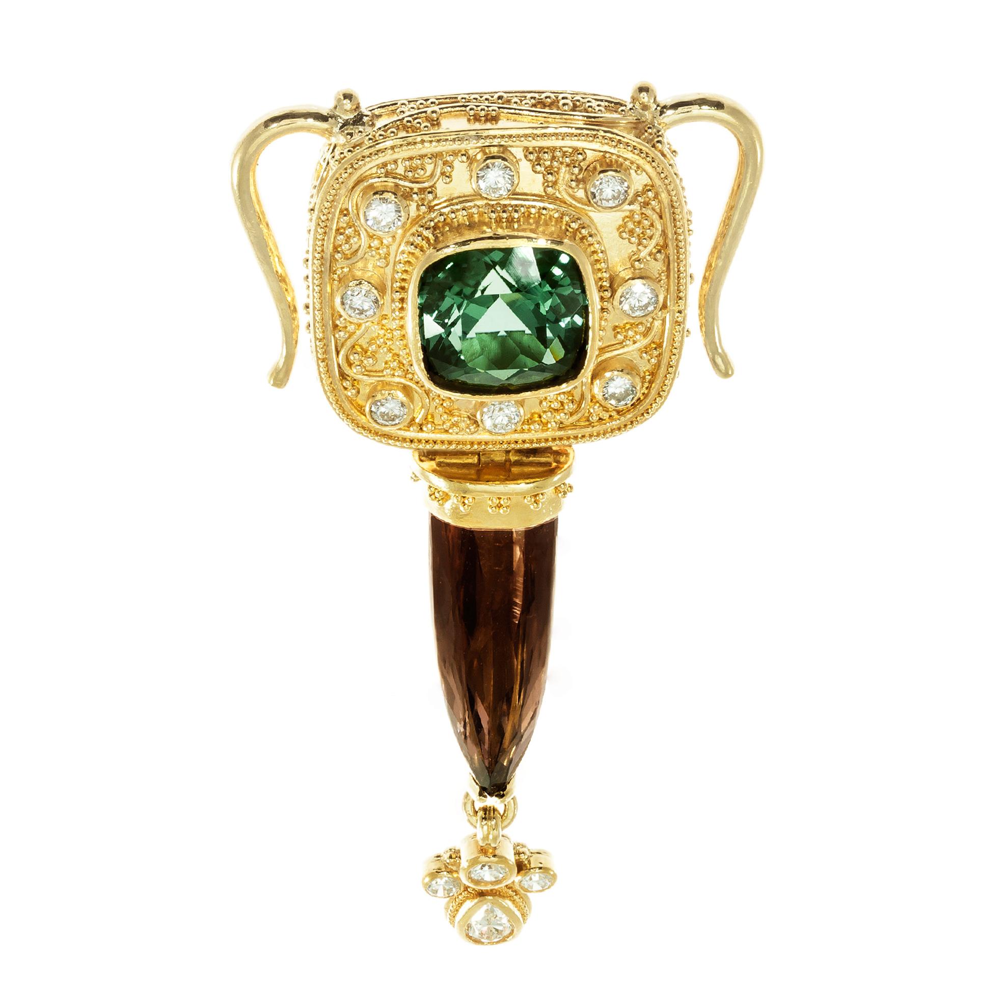 Luna Felix Granulated Green Pink Tourmaline Diamond Gold Pendant Necklace 2